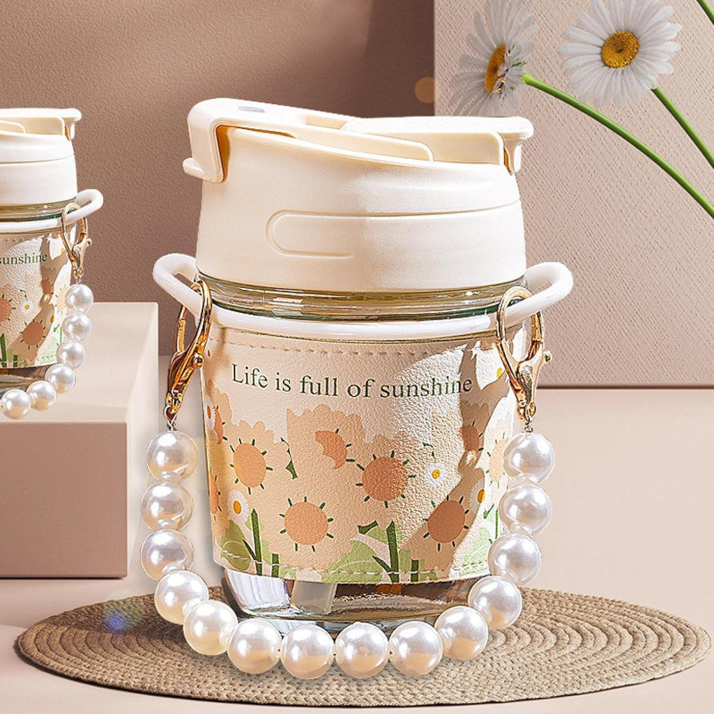 White Pearl Glass Coffee Mugs with Pearl Chain Belt & Sleeve